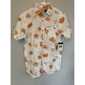 Reef Mens Short Sleeve Button Up Shirt Bright White Orange Tropical Print Size S